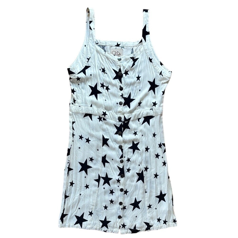 Chaser Ivory White Mini Tank Dress Women's Sz Med Black Stars WhimsyGoth